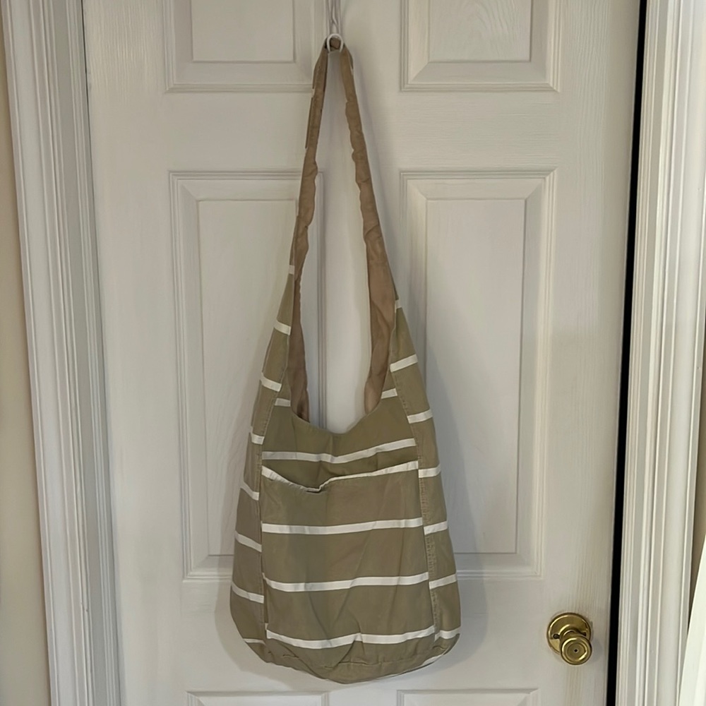 100% Cotton Khaki & White Striped Shoulder Bag / Purse / Tote EUC